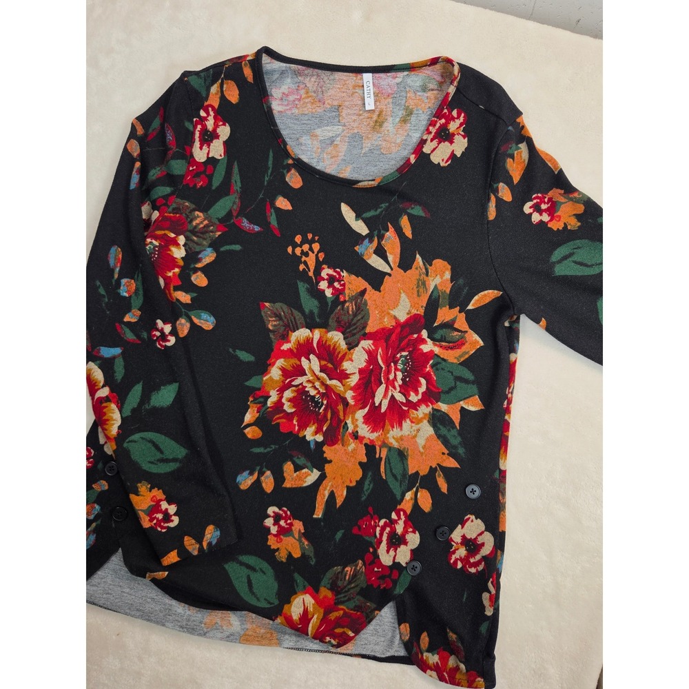 Women's Cathy Dark Floral Long Sleeve Knit Top Large Black Orange Autumn Casual